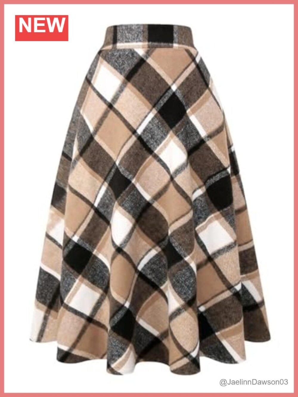 Plaid Wool Blend A-Line Midi Skirt Elastic Waist Pleated Tartan